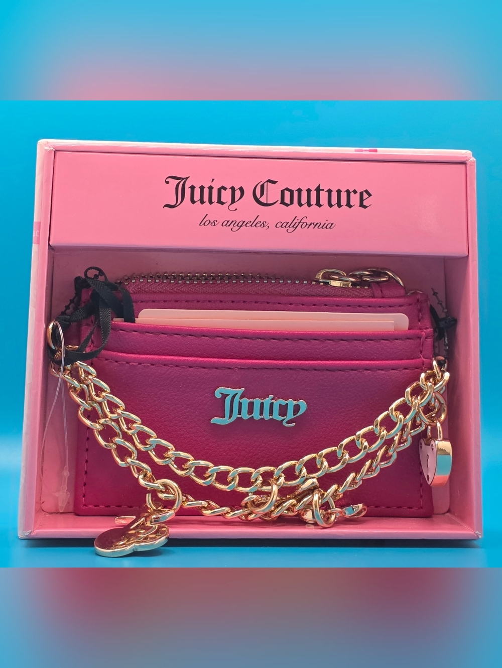 Juicy Couture Fuchsia Card Wallet with Gold Chains Accent